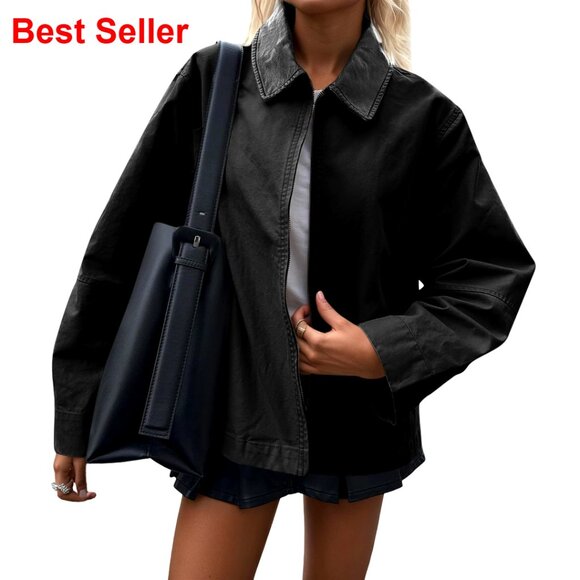 Oversized Cotton Canvas Barn Jacket Lightweight Zip Up Coat for Layering